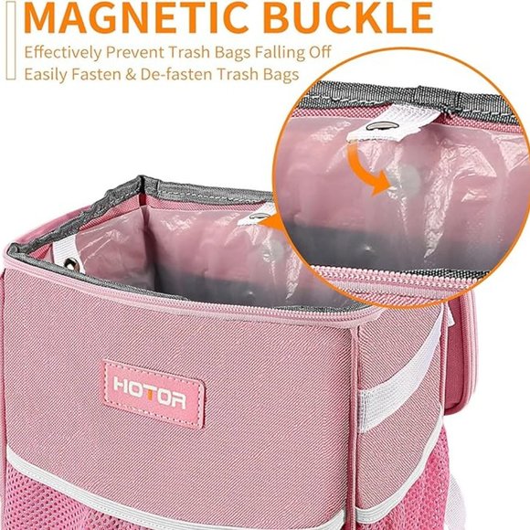 Pink Car Trash Can with Lid and Storage Pockets - Picture 5 of 6